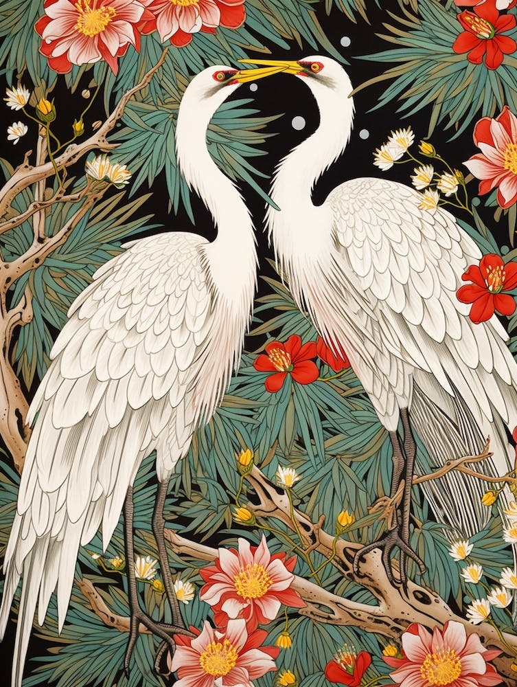 Lily And Cranes 3 Vintage Japanese Botanical