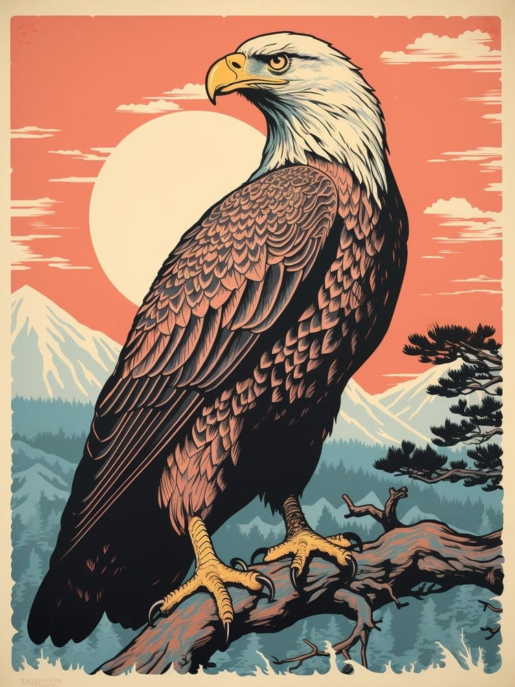Vintage Bird Linocut Bald Eagle 1