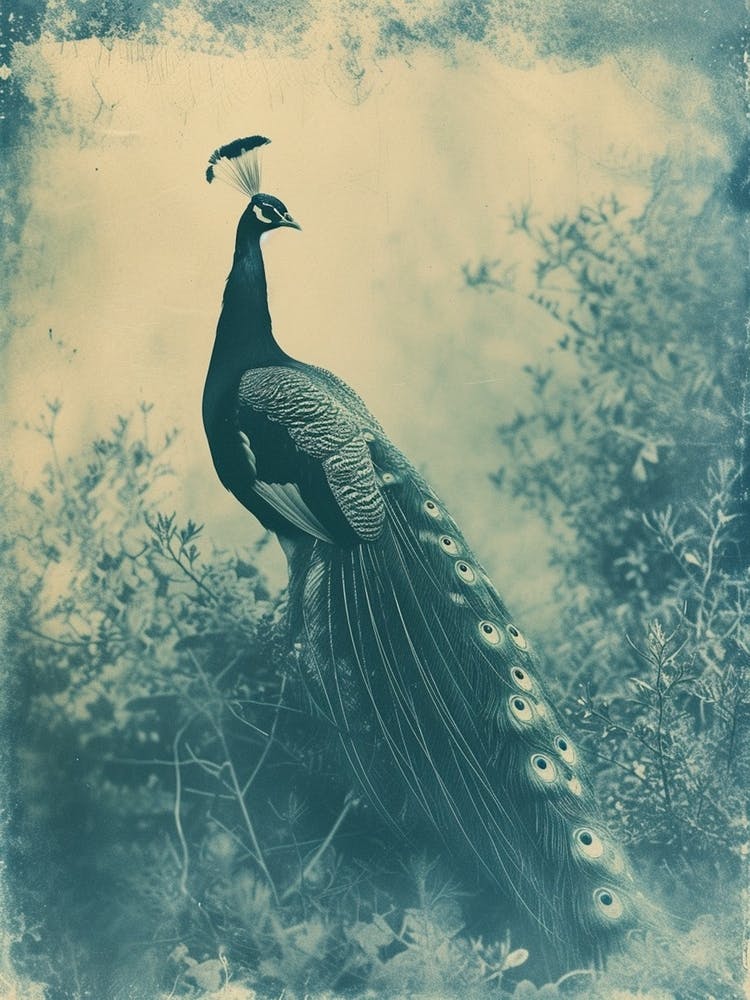 Paon Dans Un Buisson Inspiré D'Une Photographie Vintage