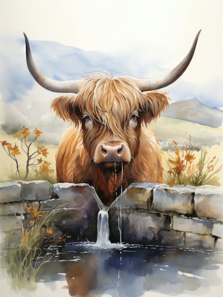 Highland Cow Drinking For Brickwork Trough 2
