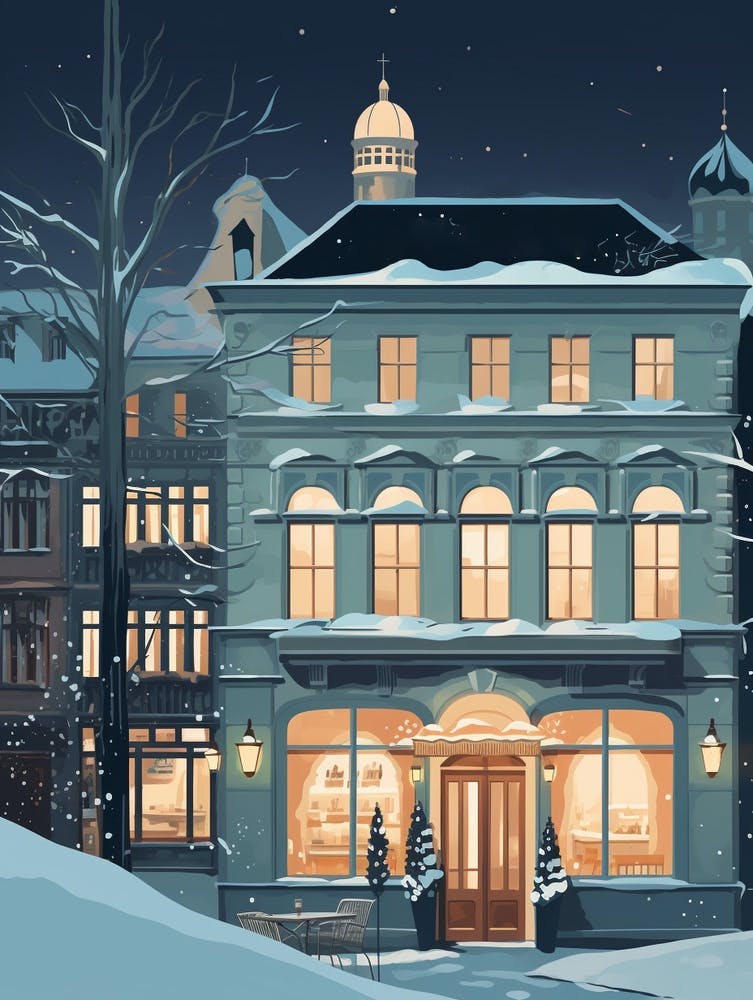 Winter Travel Night Illustration Zurich Switzerland 5