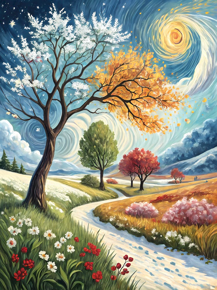 Four Seasons Tree Landscape oil Painting Whimsical Nature Art with Path and Flowers