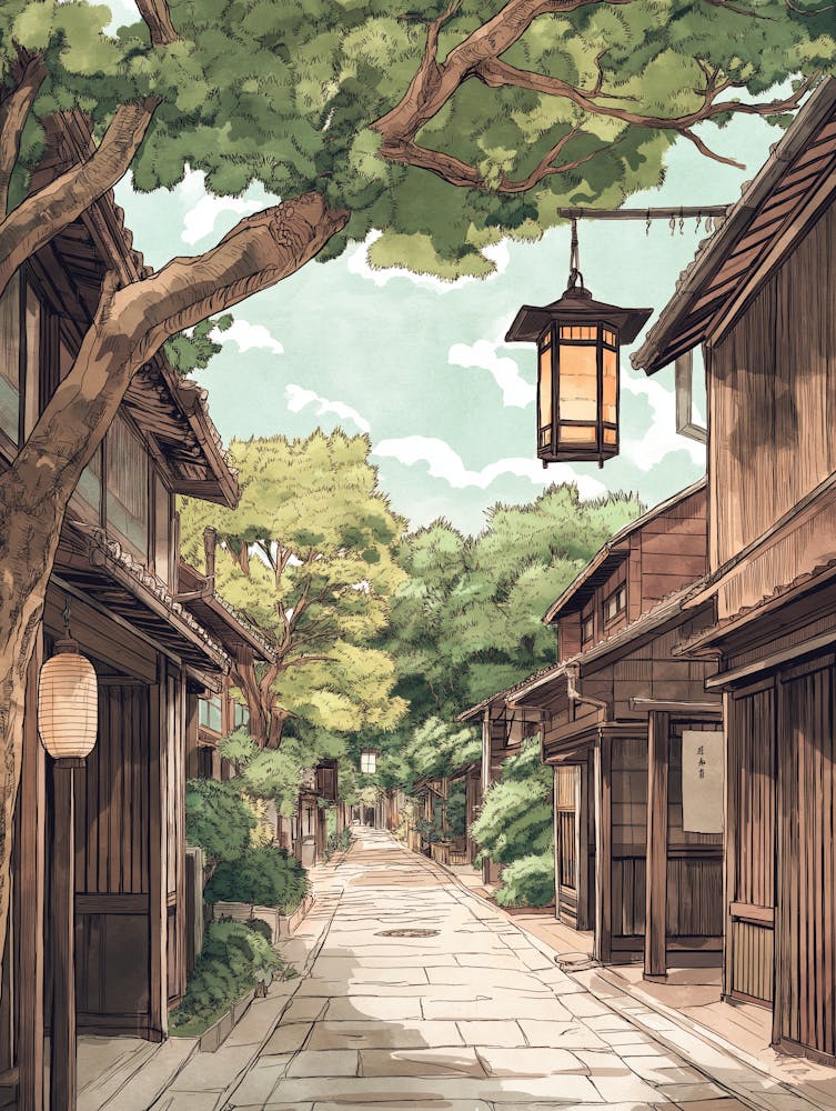 A Vintage Japanese Drawing Of An Old Street In Kobe