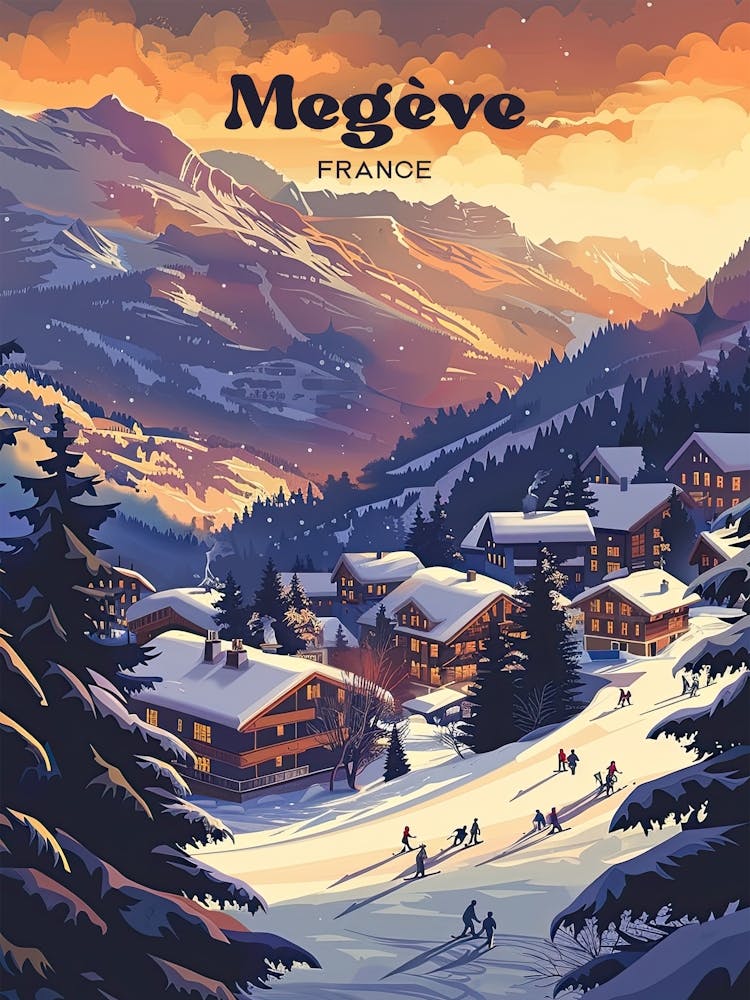 Megeve France Winter Resort Travel Art