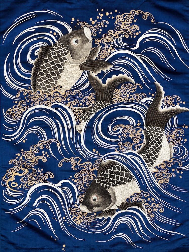 Carp In Waves Japanese Koi