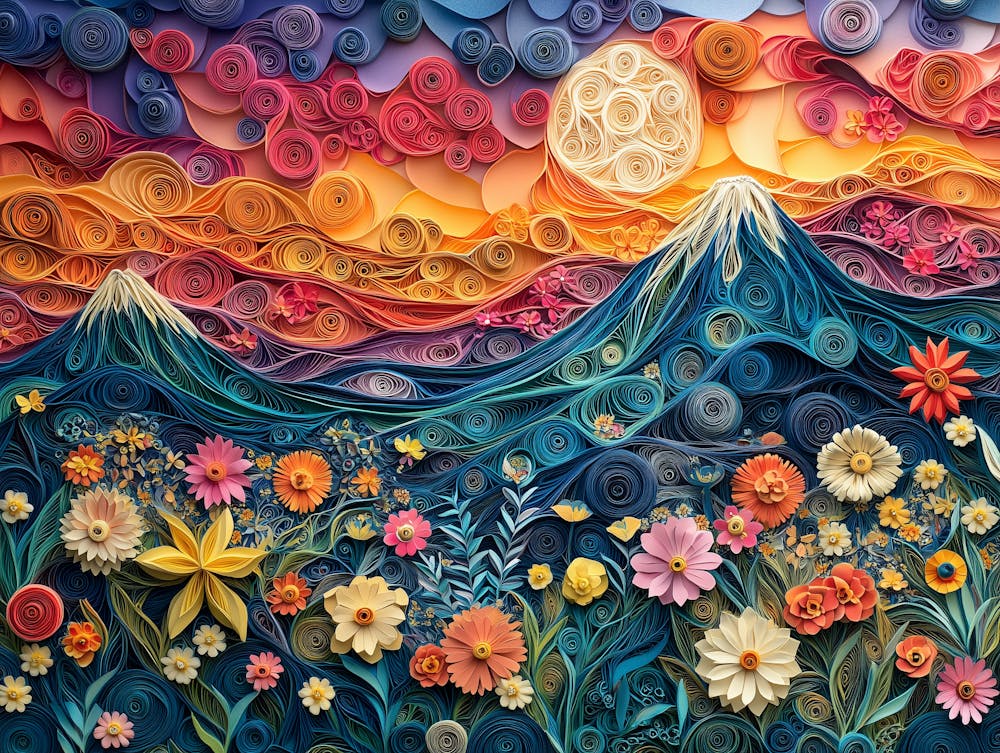 Papier-Quilling Landschaft und Frühlingsblumen