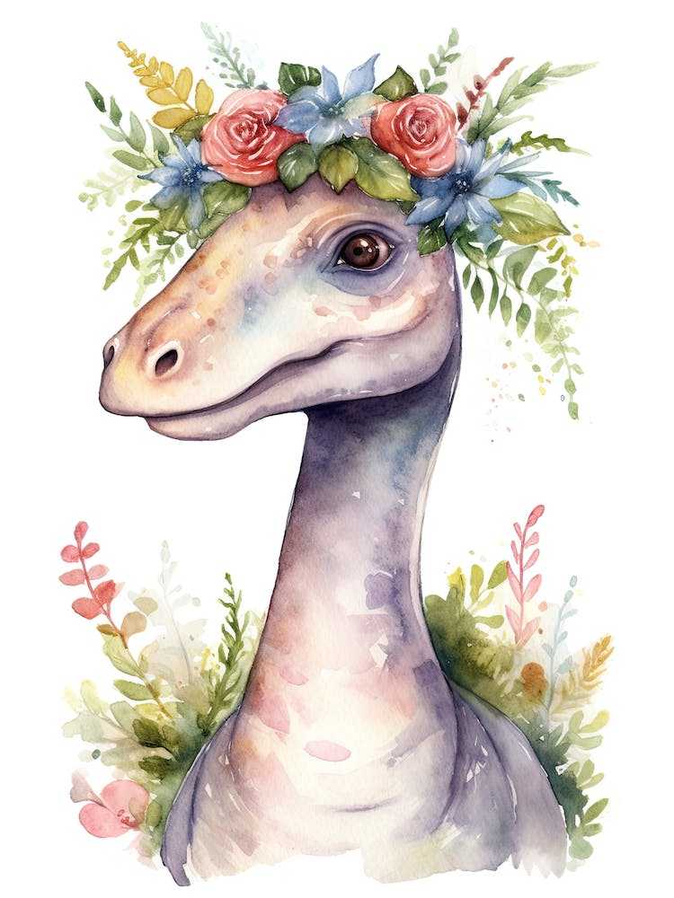 Brachiosaurus With A Crown Of Flowers Cute Dinosaur Watercolour 1