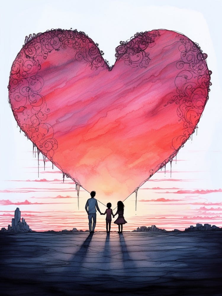 Family Walking Into Heart Line Sunset