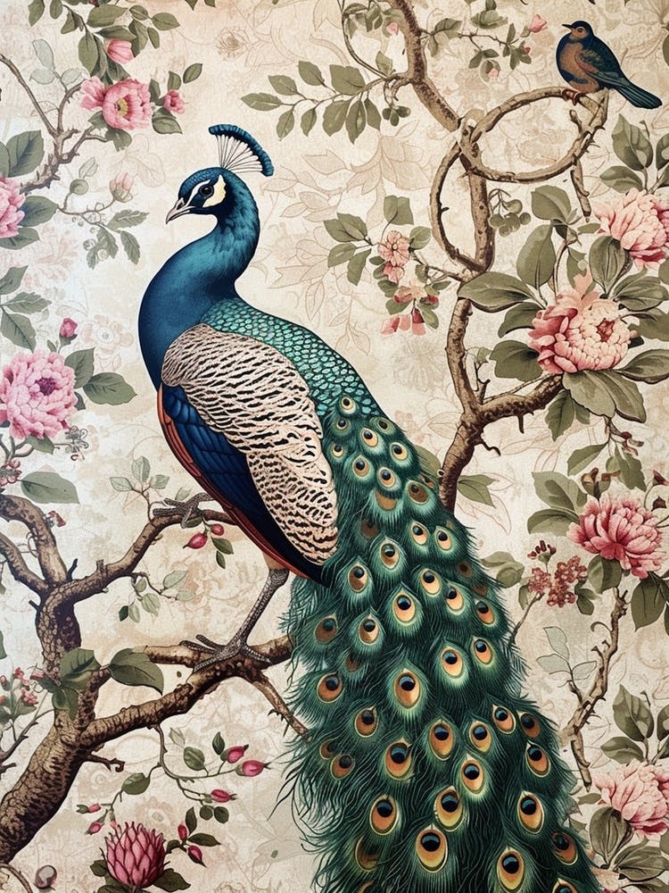 Vintage Floral Peacock Wallpaper Inspired With Another Bird