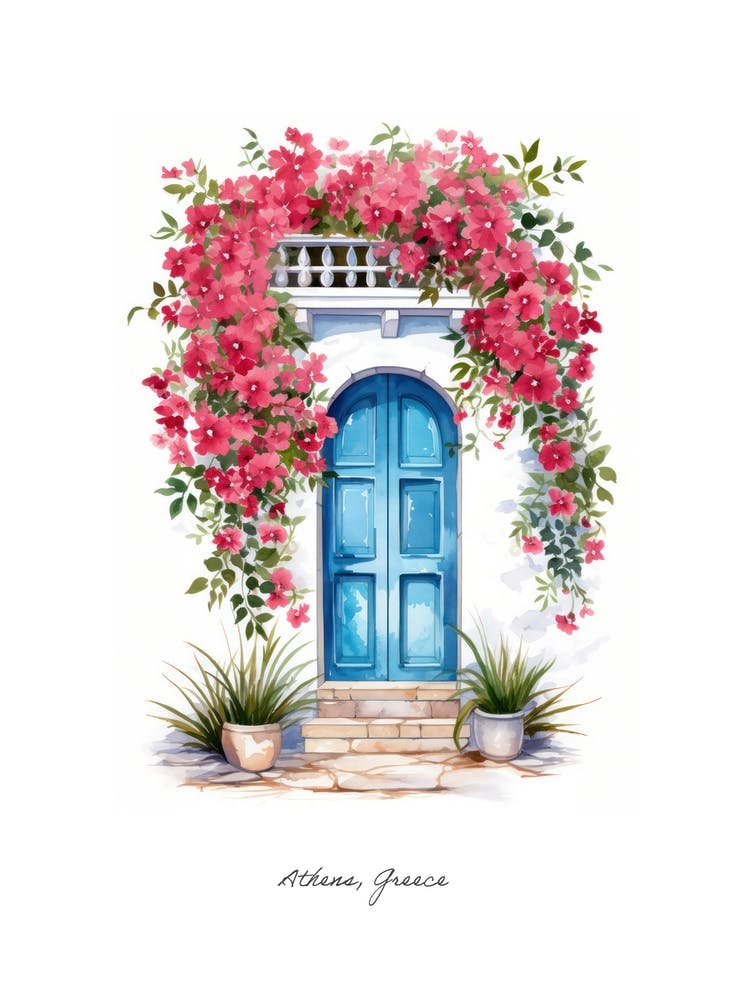 Athens, Greece   Mediterranean Doors Watercolour Painting 1 Poster