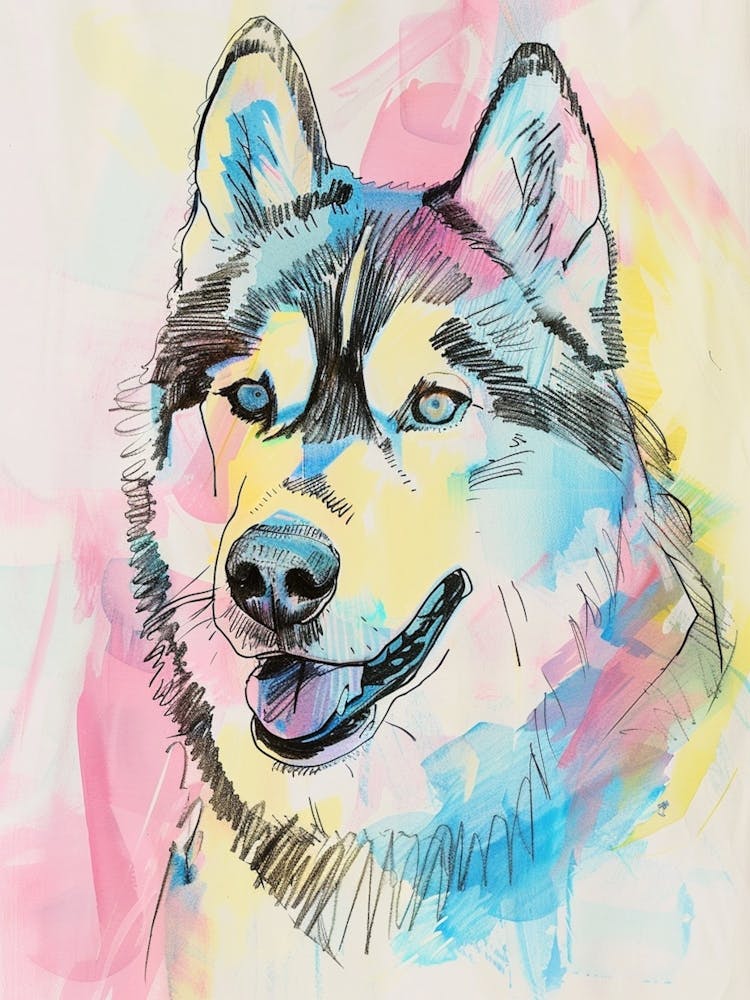 Alaskan Malamute Pastel Line Watercolour Illustration  2