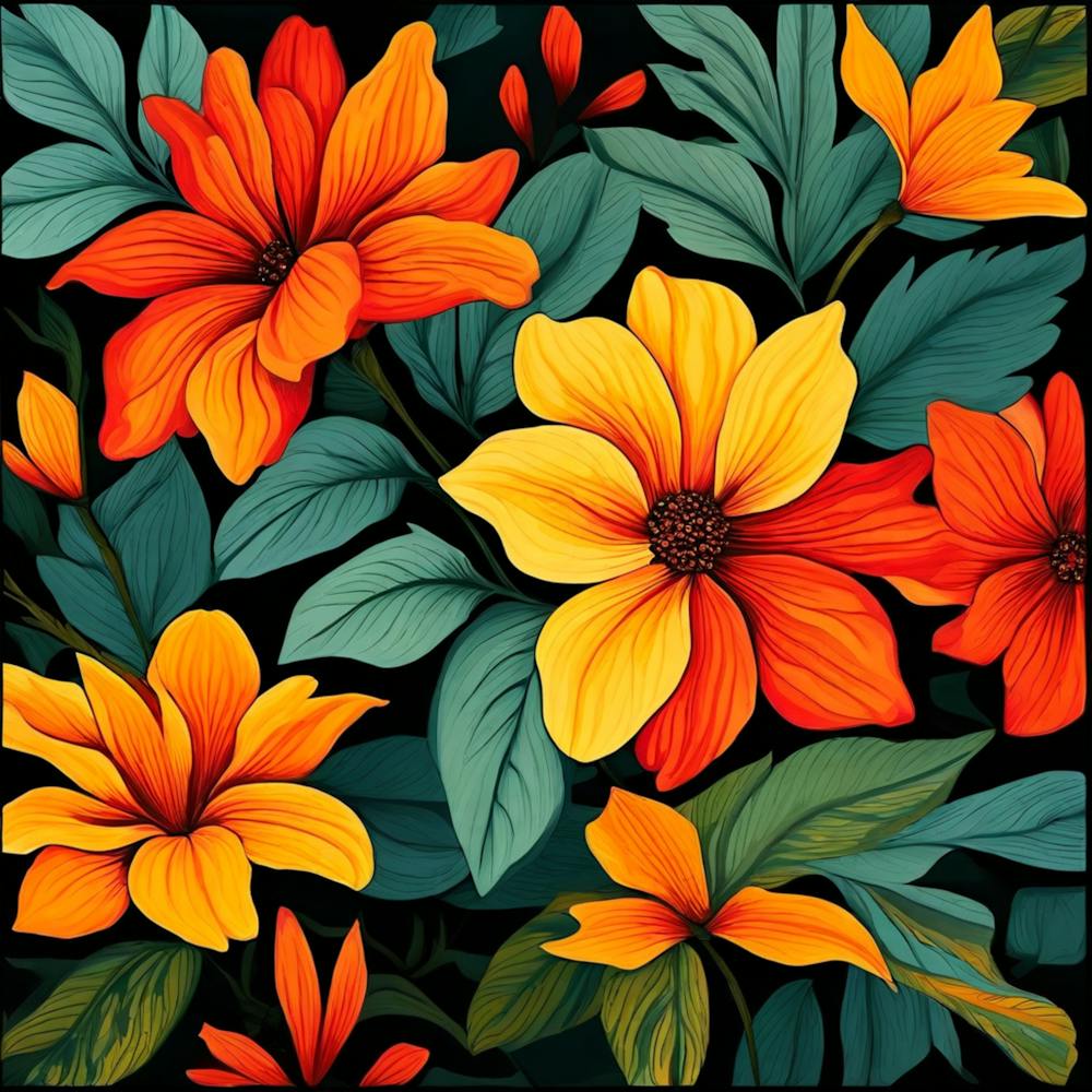 Orange And Yellow Flowers On Black Background