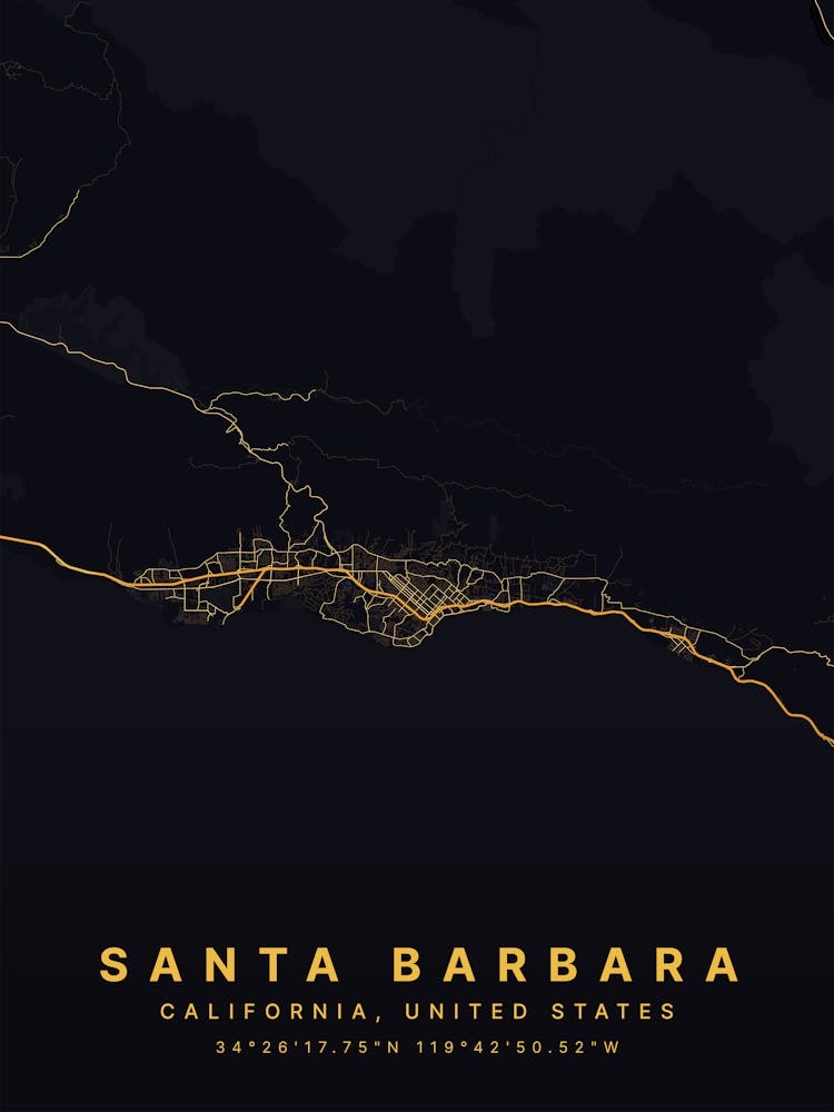 Santa Barbara California USA Black And Gold Map