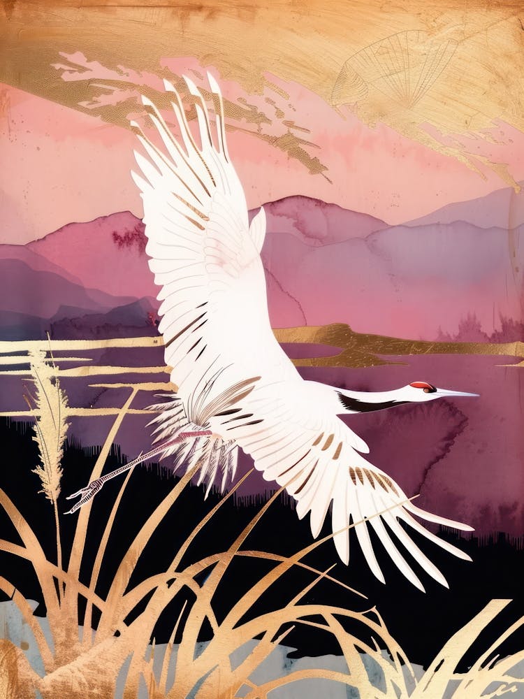 Cranes Painting Gold Red Effect Collage 2