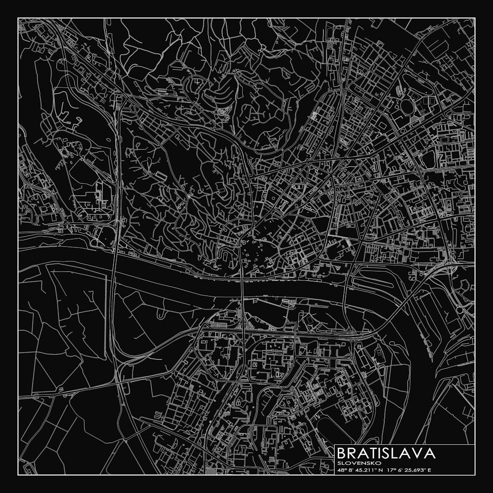 Bratislava, Slovensko, City Map White On Black Blueprint Design