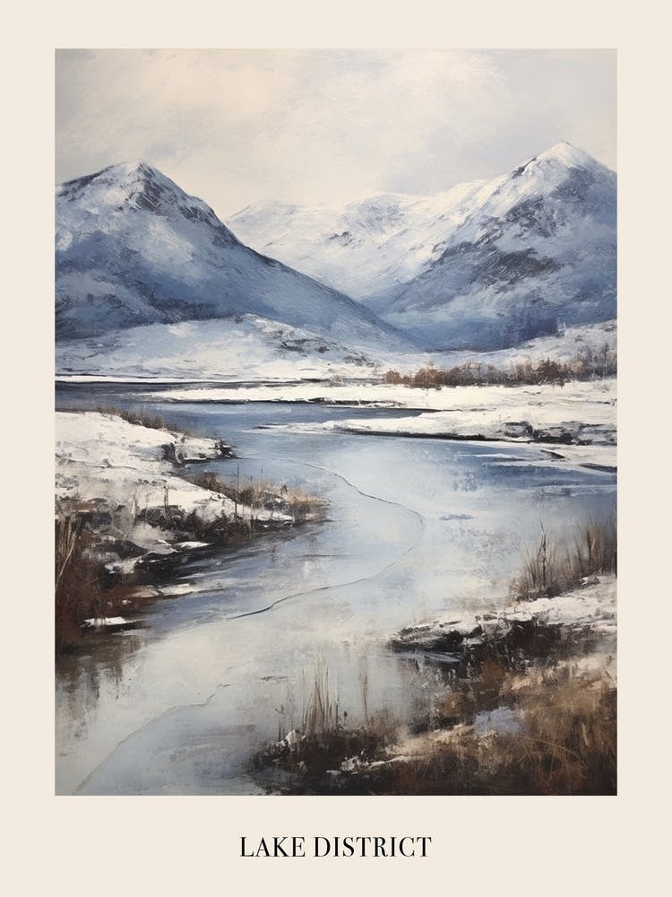 Vintage Winter Painting Poster Lake District United Kingdom 1