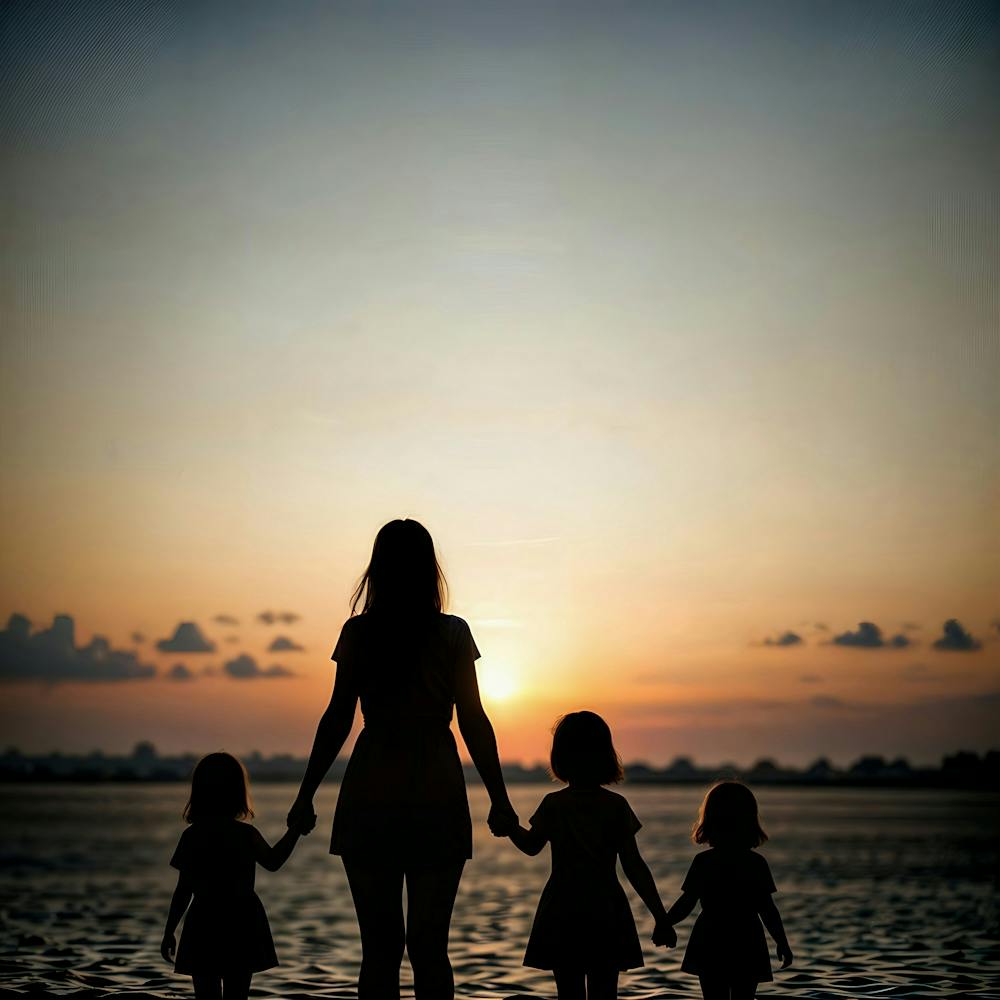 Silhouette Of A Family At Sunset