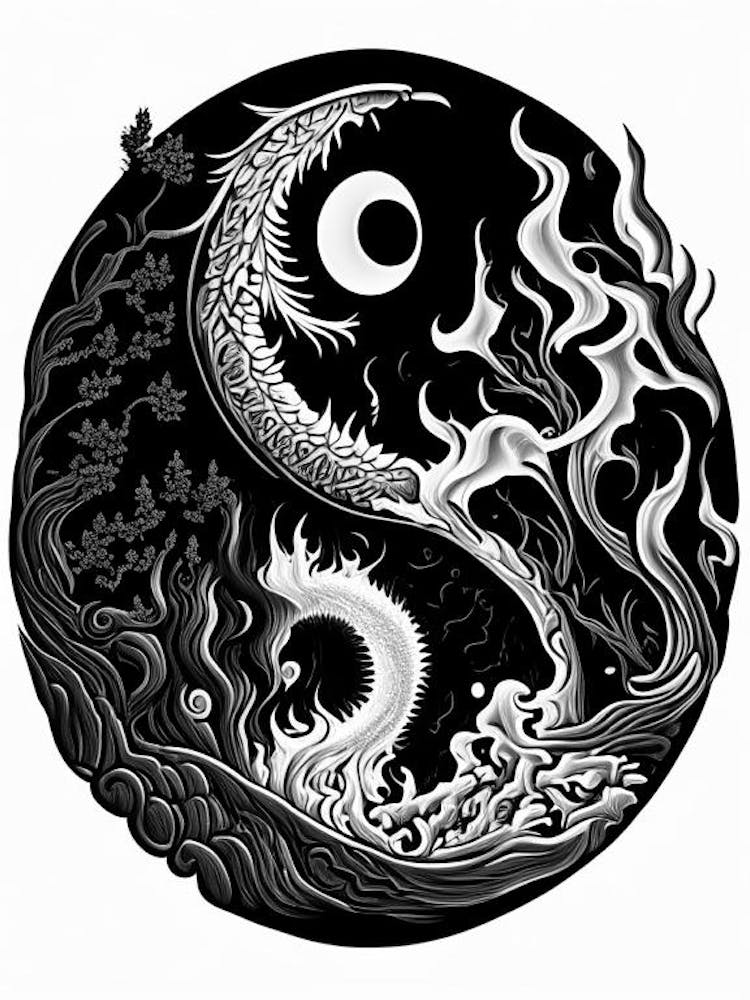 Fire And Water Yin and Yang 1 Linocut