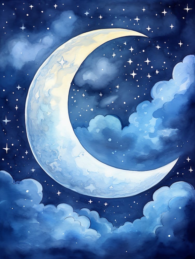 Young moon on starry night sky, watercolor