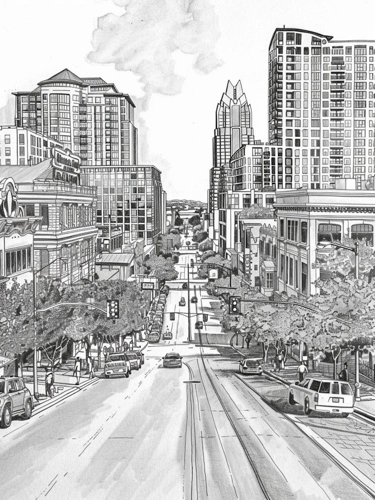 Sixth Street Austin Texas Black And White Drawing 1