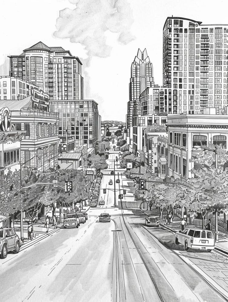 Sixth Street Austin Texas Black And White Drawing 1