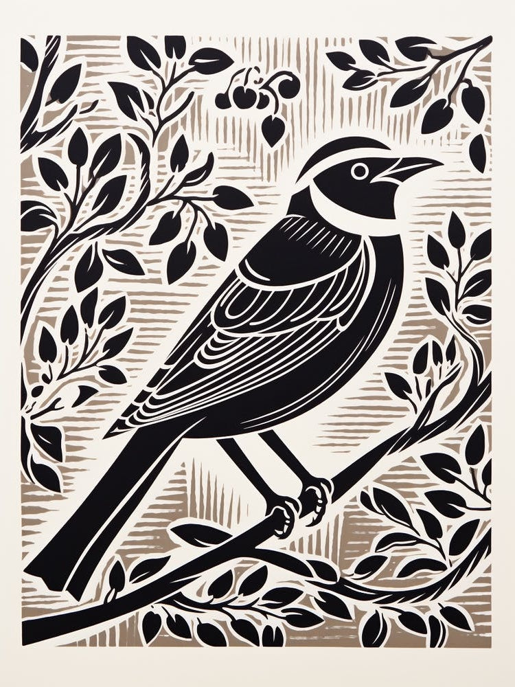B&W Bird Linocut Cedar Waxwing 4