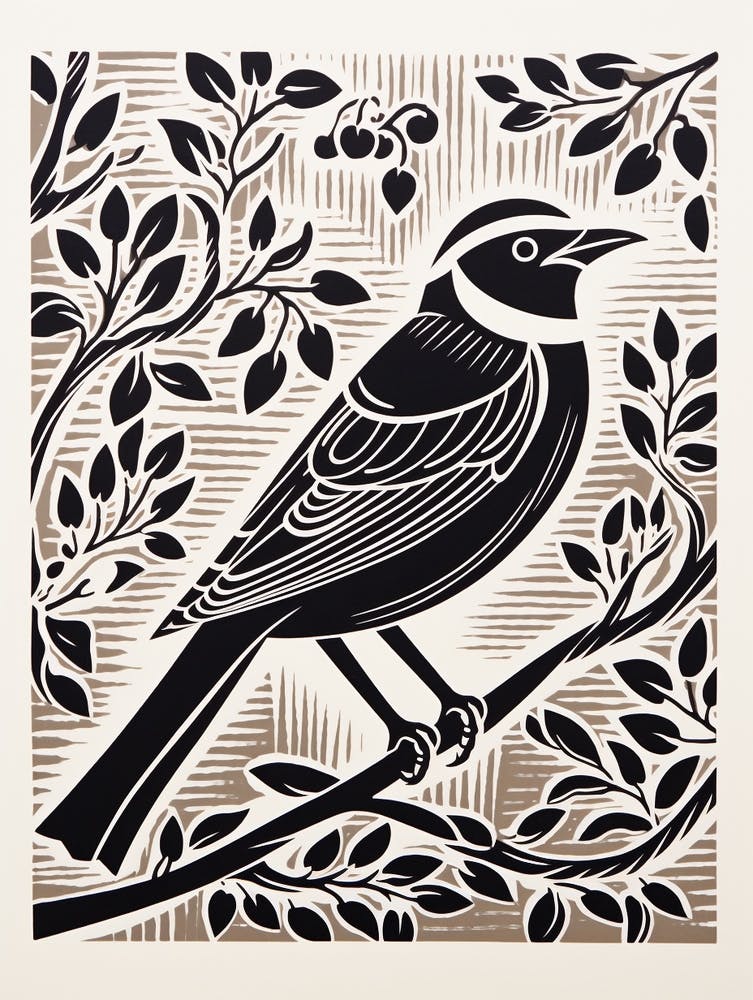 B&W Bird Linocut Cedar Waxwing 4