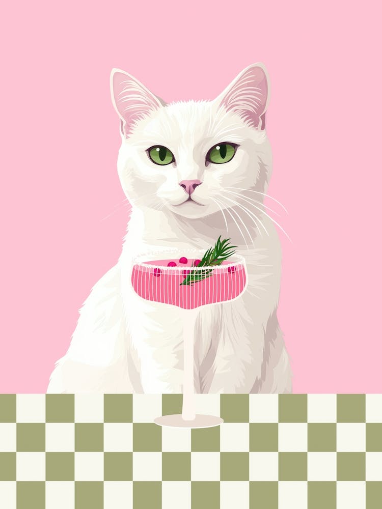 white cat with girly cocktail art in a girly aesthetic, trendy wall art in pink and green perfect for kitchens, bar carts, coffee bars and living rooms, 50s sytle vintage inspired minimalist illustration of a cute cat with drink