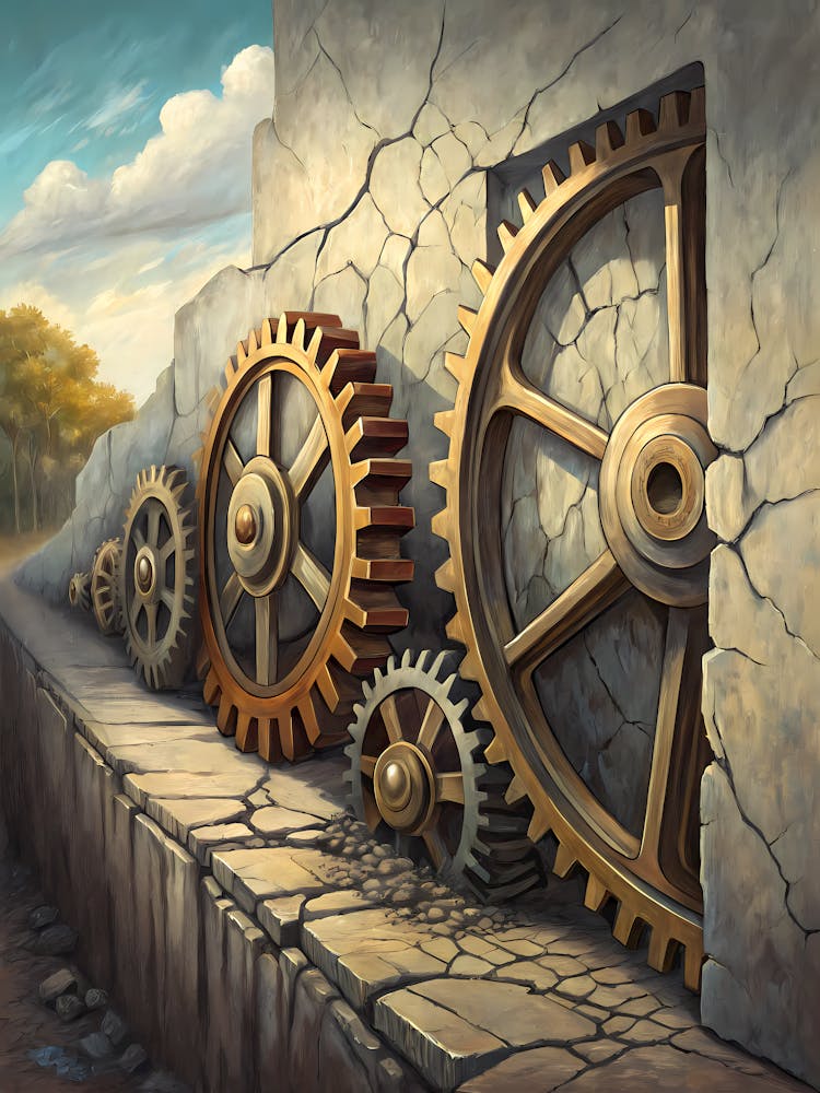 Oil Painting Style Series of Large 3D Gears Breaking Wall Steampunk Art