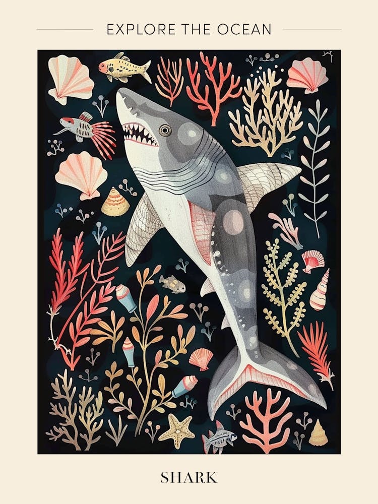 Shark Seascape Black Background Illustration 4 Poster