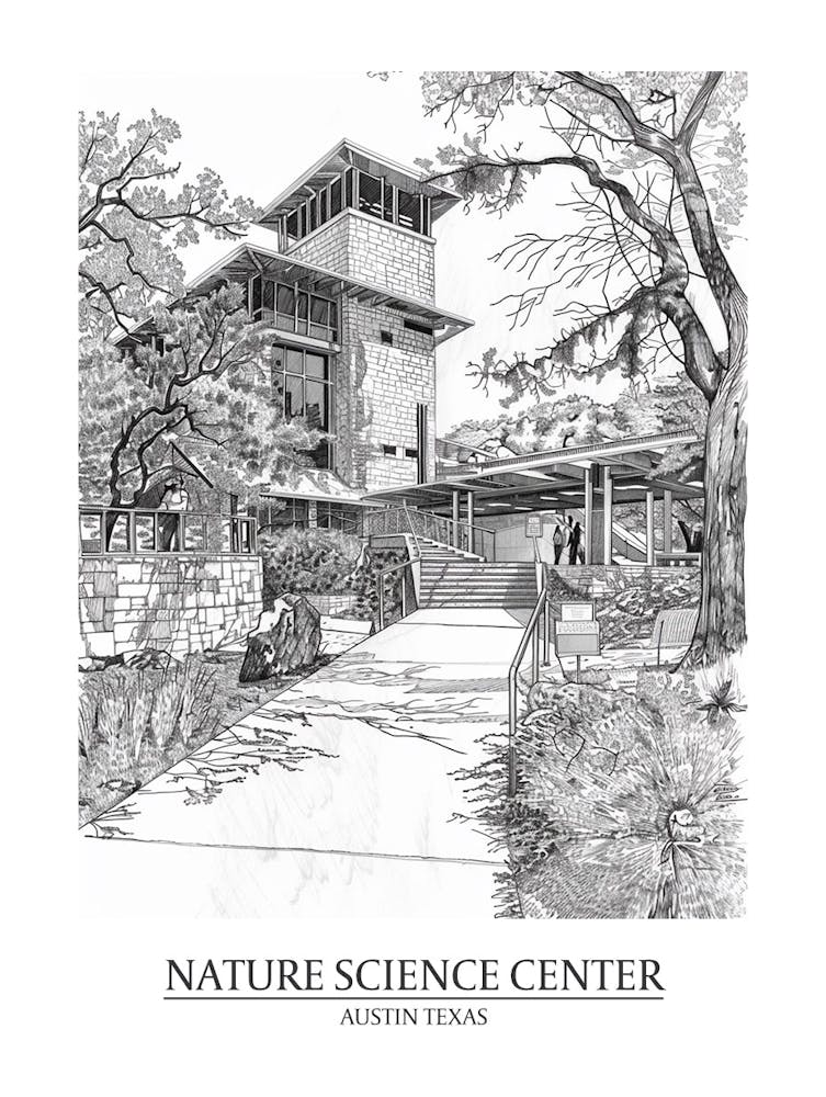 Nature Science Center Austin Texas Black And White Drawing 3 Poster