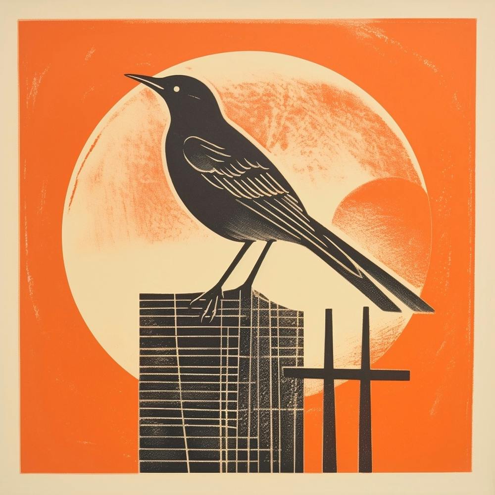 Retro Bird Lithograph Mockingbird 1