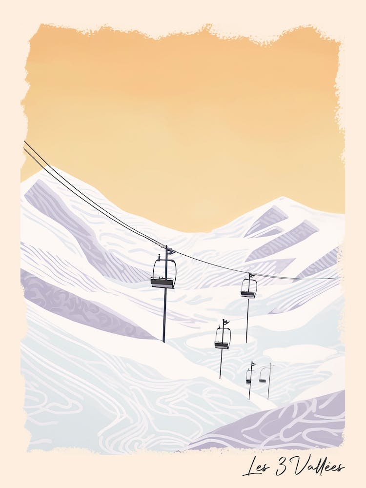 Poster Of Les 3 Vallees   France, Ski Resort Pastel Colours Illustration 1