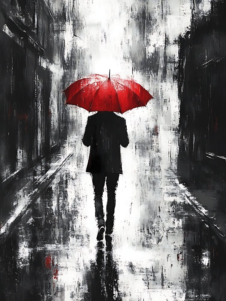 A Man with a Red Umbrella in the Rain 5
