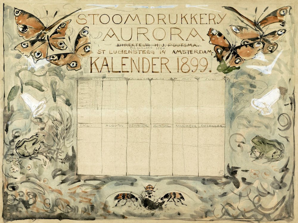 Design For The 1899 Calendar For The Stoomdrukkerij Aurora (1874–1899), Theo Van Hoytema
