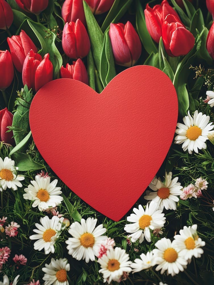 Red Heart With Tulips And Daisies