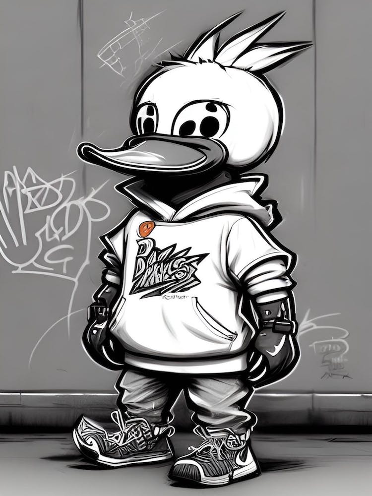 DeezDucks #271 - Cartoon Duck wearing street clothing next to a graffiti wall