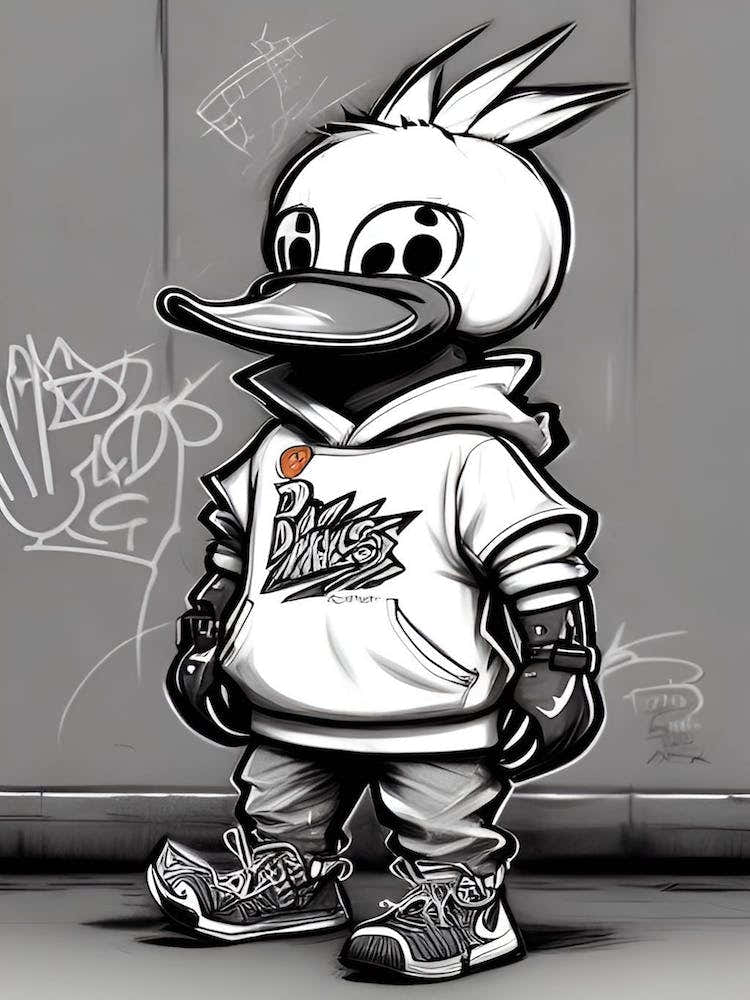 DeezDucks #271 - Cartoon Duck wearing street clothing next to a graffiti wall