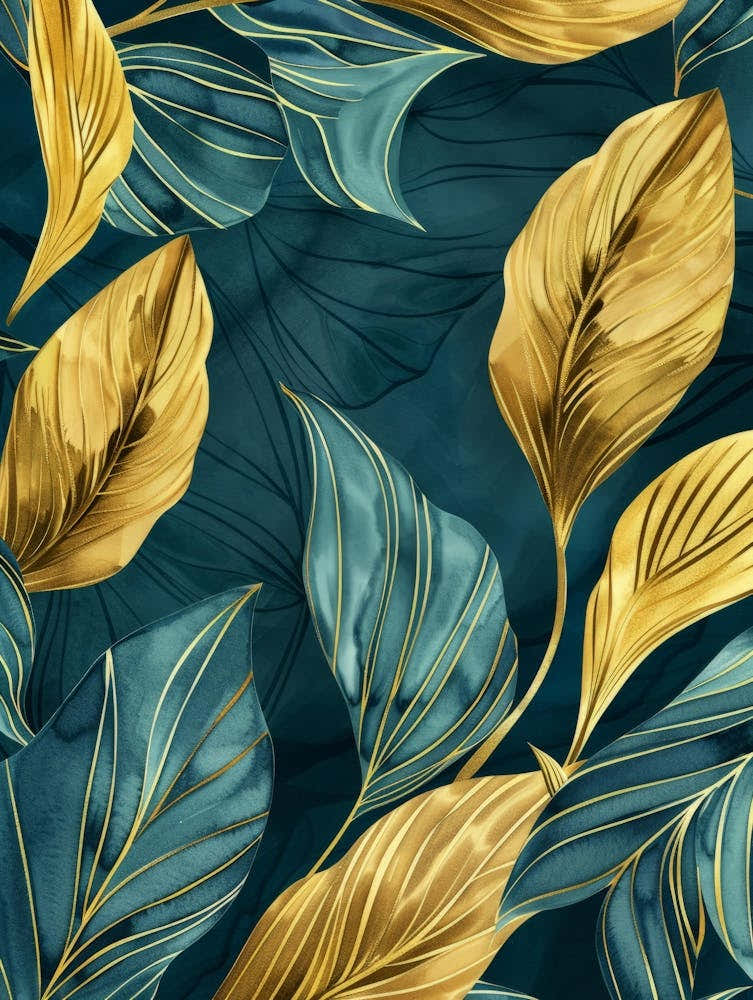 Gold Leaves On Blue Background