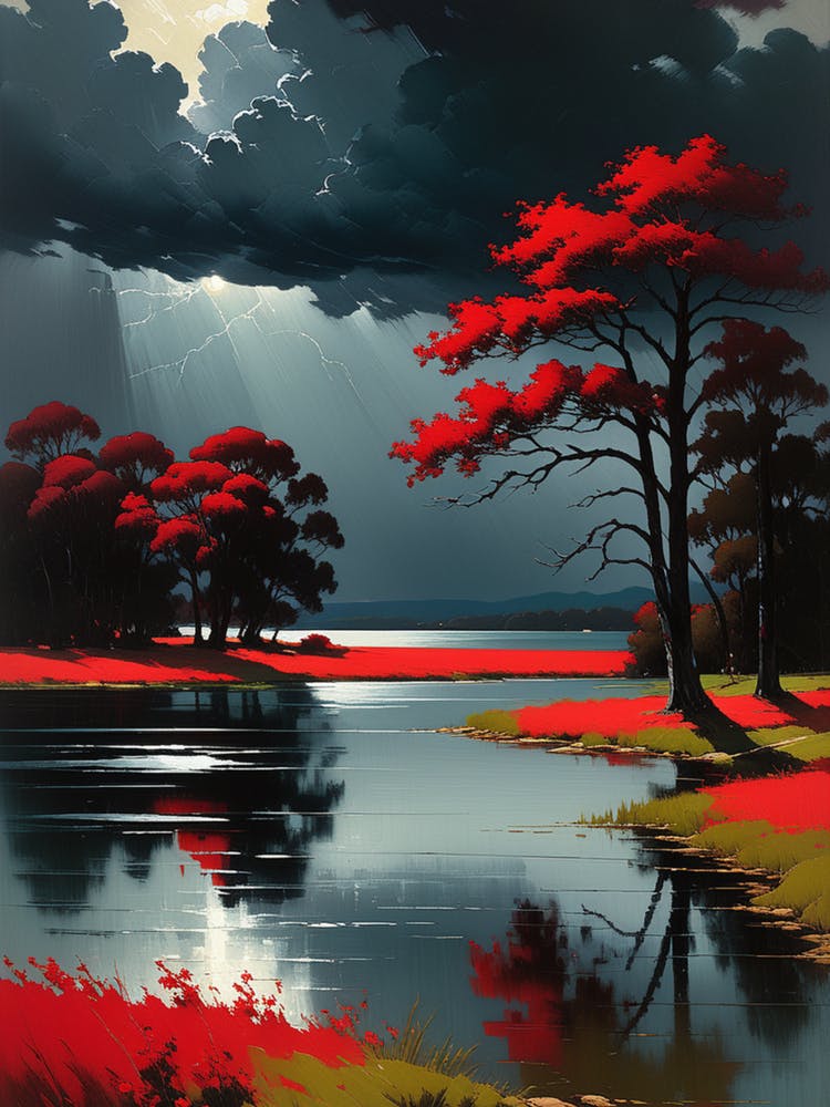 Red Trees By The Lake