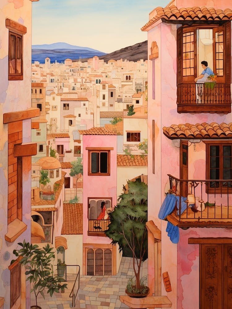 Malaga Spain 4 Vintage Pink Travel Illustration