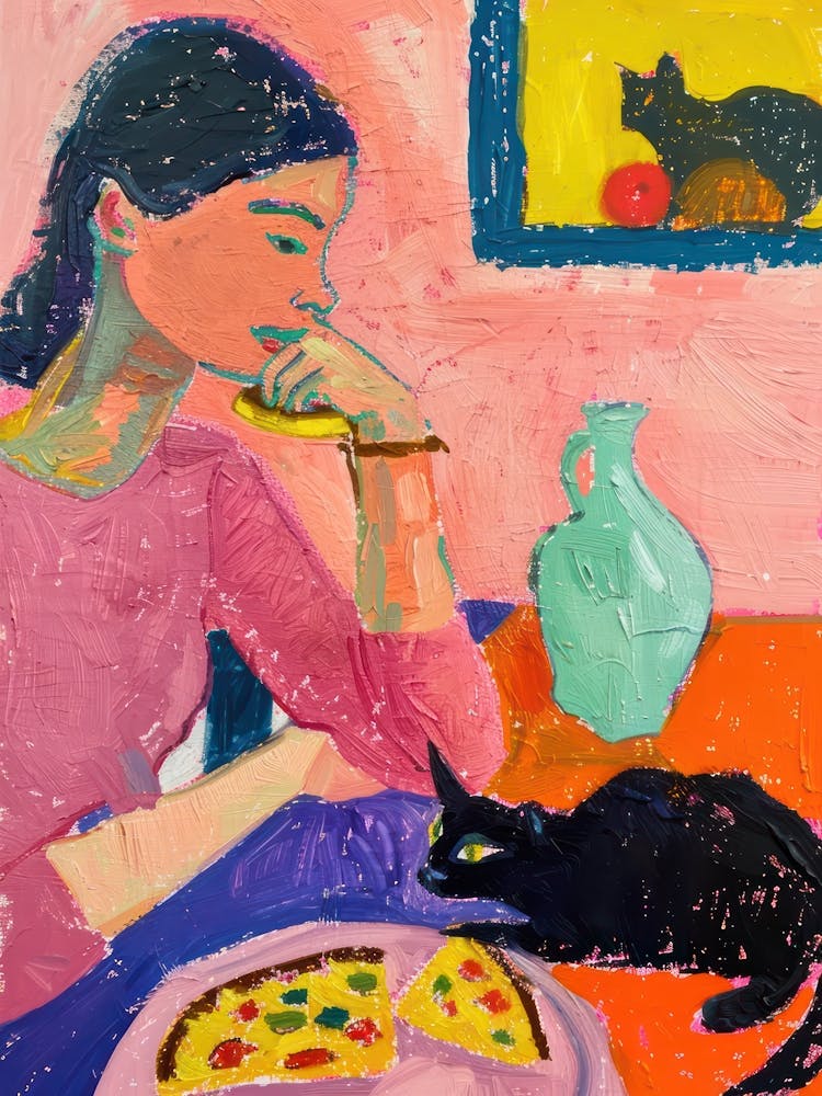 Portrait Of A Girl With Cats Eating Pizzas 1