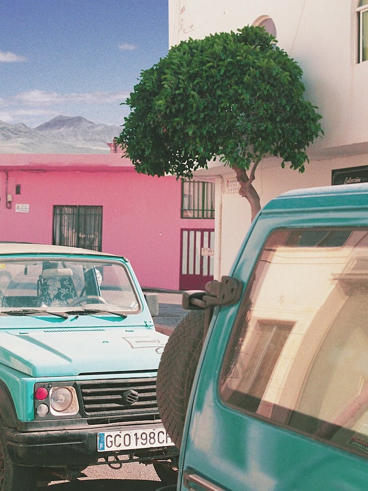 Turquoise Cars And A Pink House