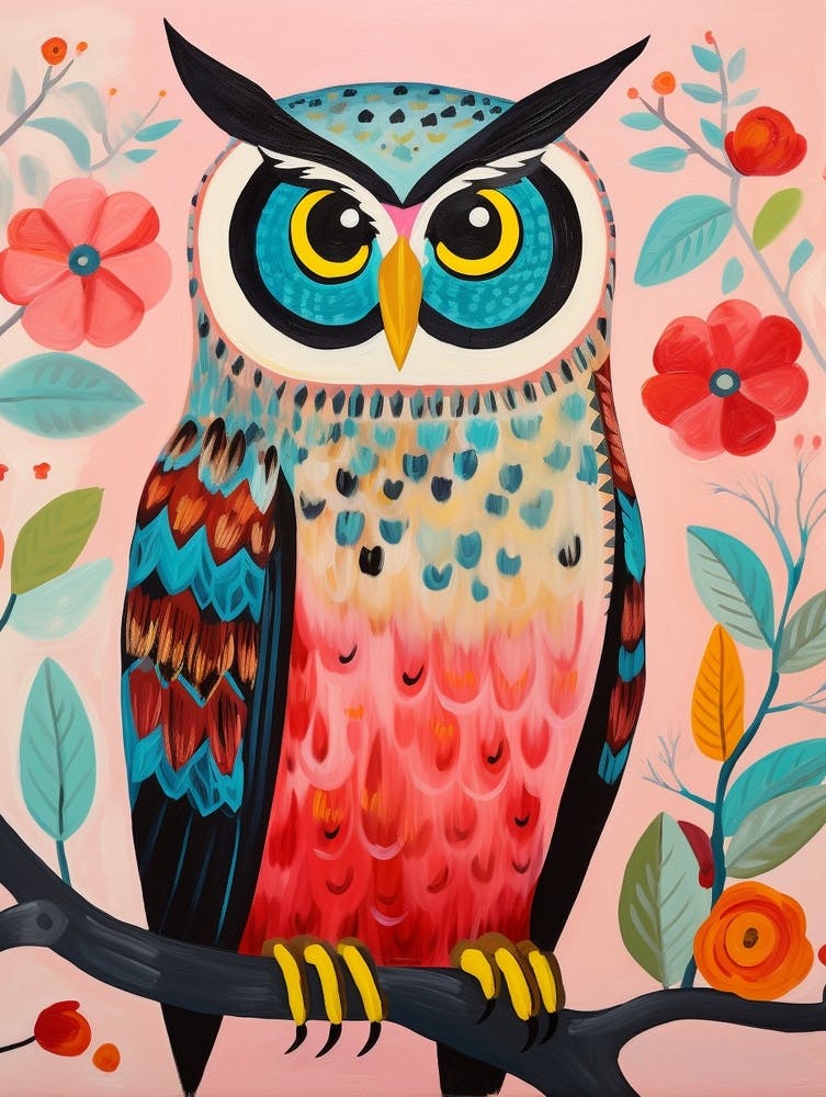Pink Scandi Great Horned Owl 3