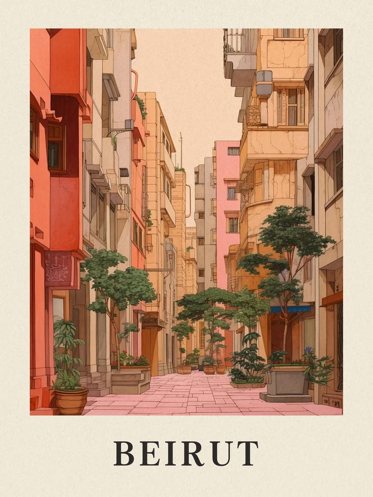 Beirut Lebanon 4 Vintage Pink Travel Illustration Poster