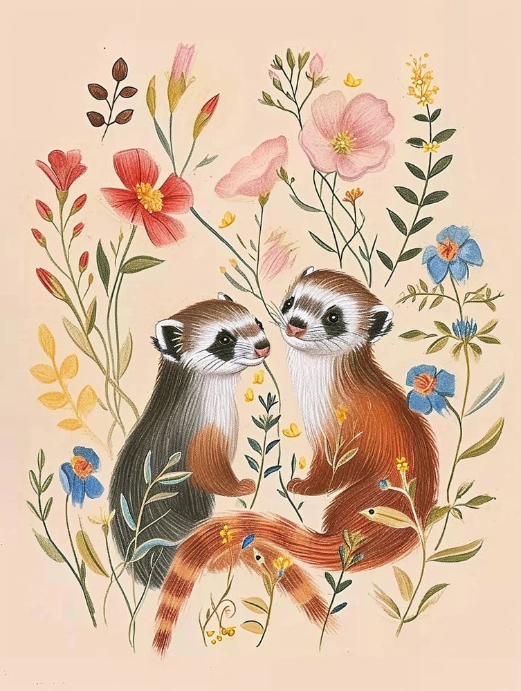 Folksy Floral Animal Drawing Ferret 3