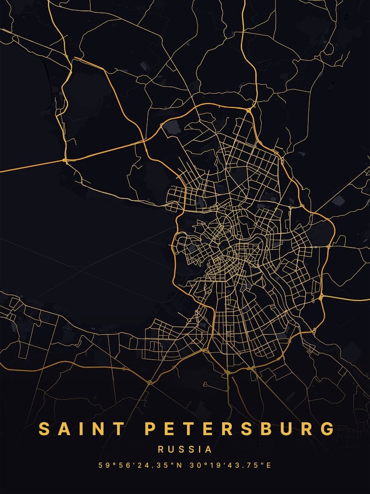 Saint Petersburg Russia Black And Gold Map