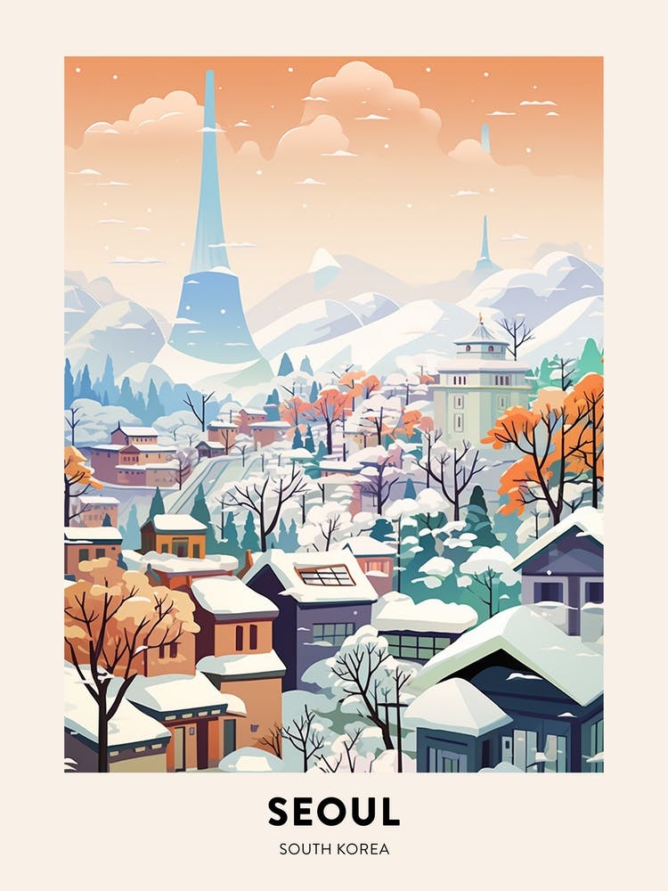 Vintage Winter Travel Poster Seoul South Korea 1