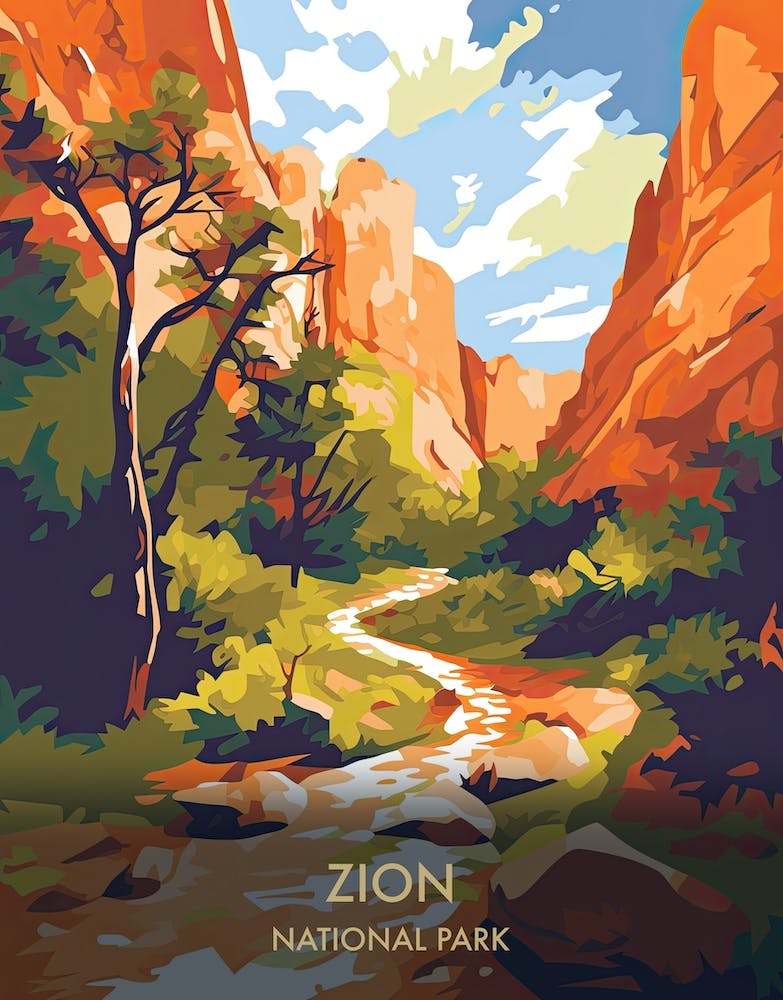 Zion National Park Travel Poster Illustration Style 4