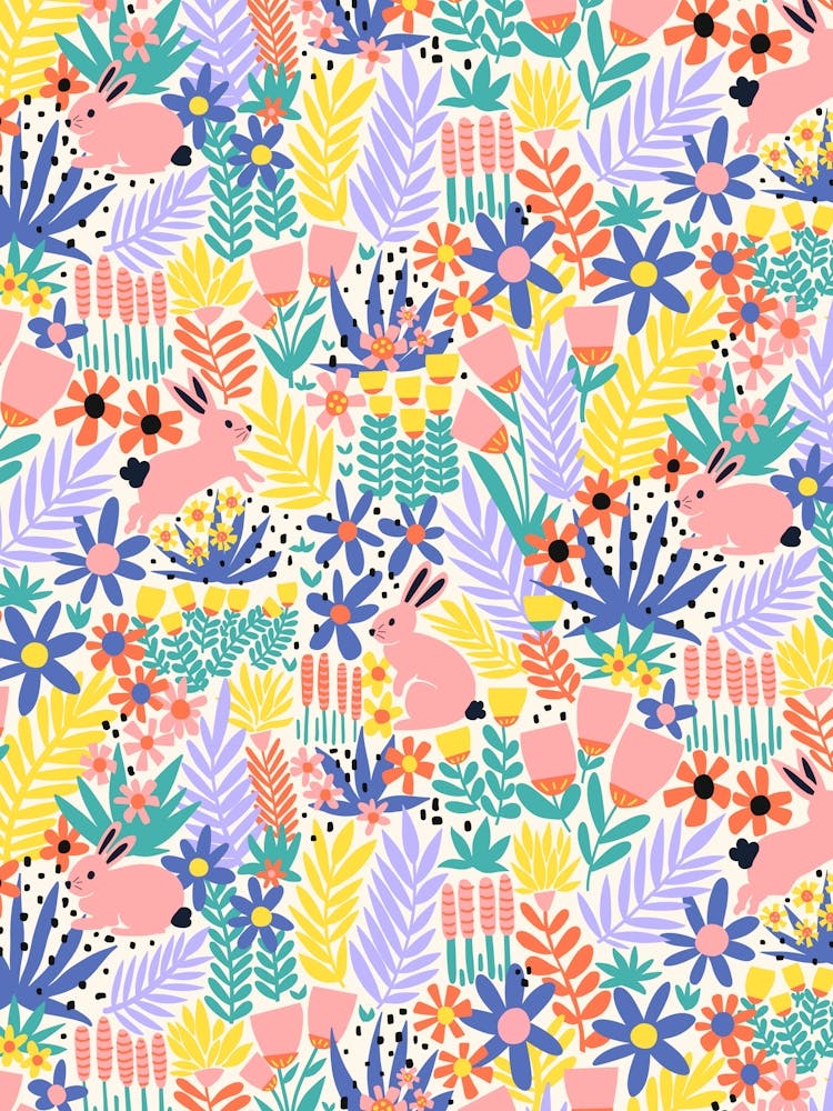 Rabbits Playing in Flower Garden Meadow Pastel Colors